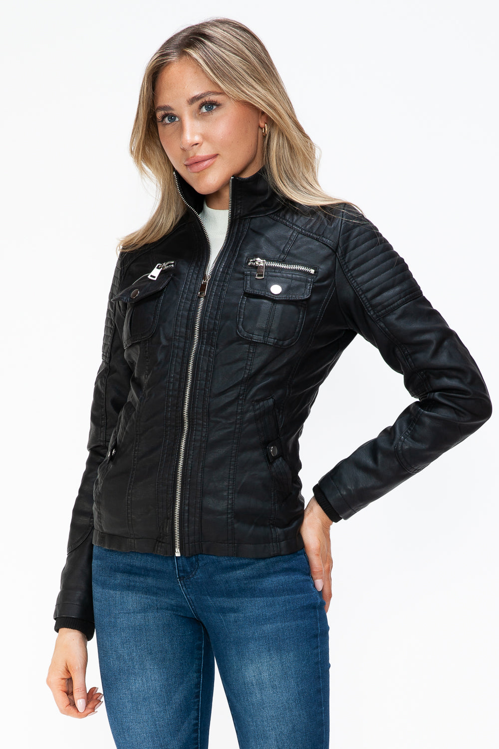 Ymi Removable Faux Layered Multi Pocket Jacket With Fuzzy Hood
