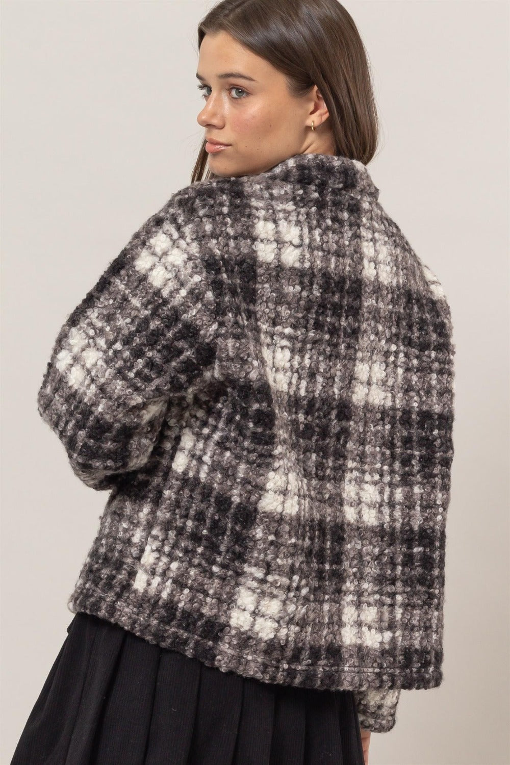 Black Hyfve Plaid Collared Neck Boucle Jacket With Pockets 1