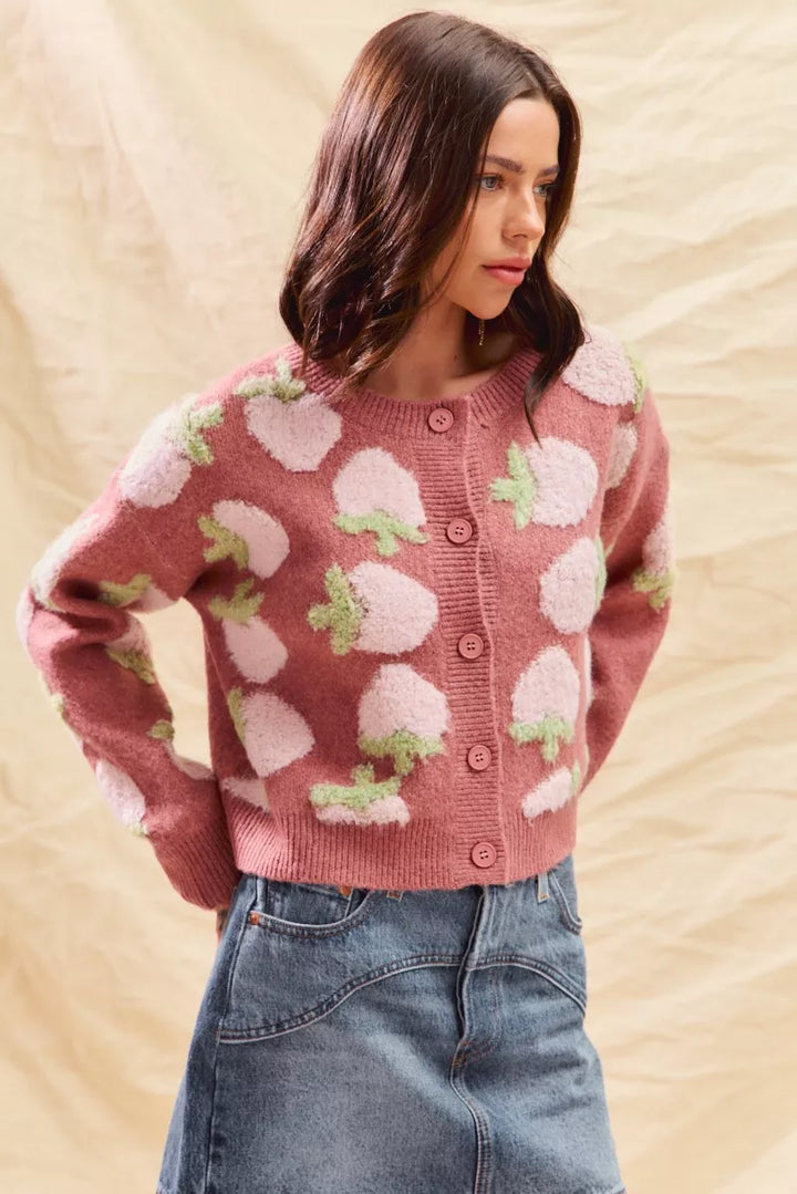Marsala So Me Strawberry Fruit All Over Button Sweater Cardigan
