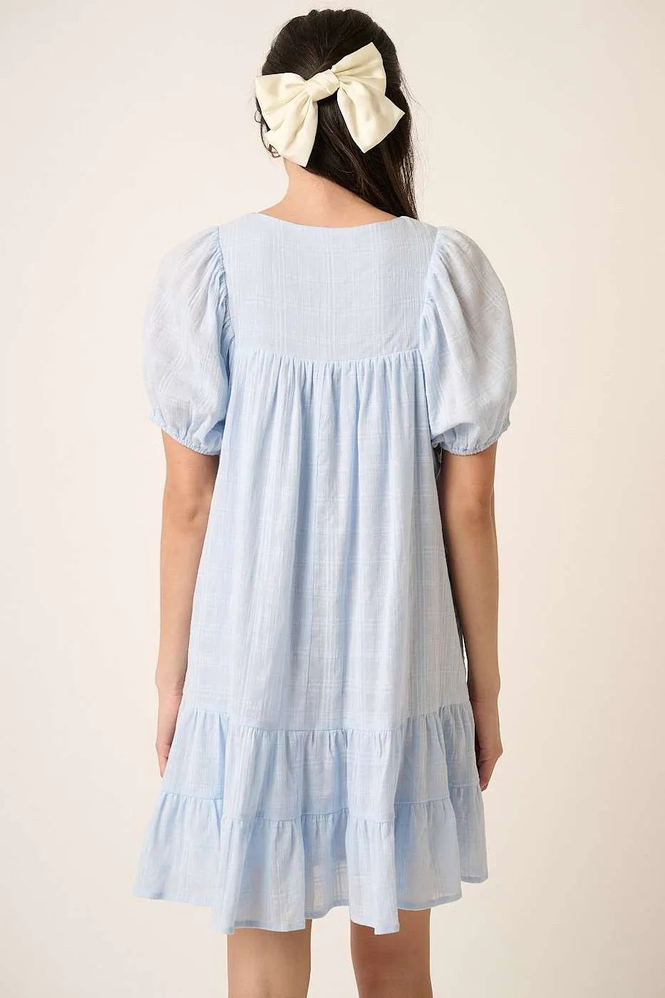 Blue Mittoshop Tassel Tie Plaid Gauze Short Sleeve Mini Dress 1