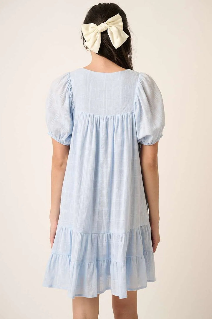 Blue Mittoshop Tassel Tie Plaid Gauze Short Sleeve Mini Dress 1