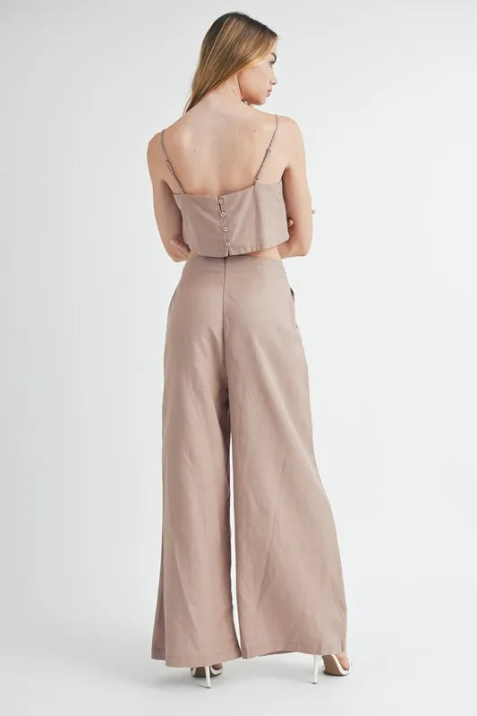 Mocha Mable Linen Mix Crop Cami And Wide Leg Pants Set
