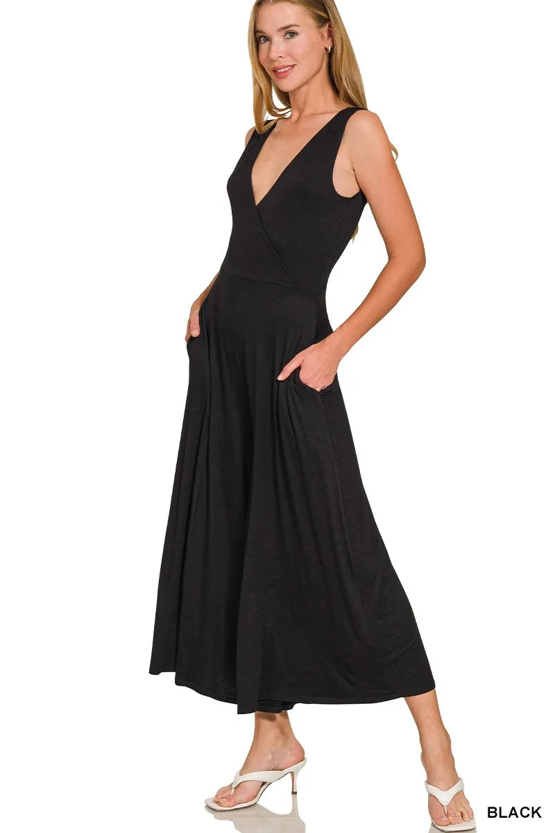 Black Zenana Surplice Neckline Sleeveless Jumpsuit