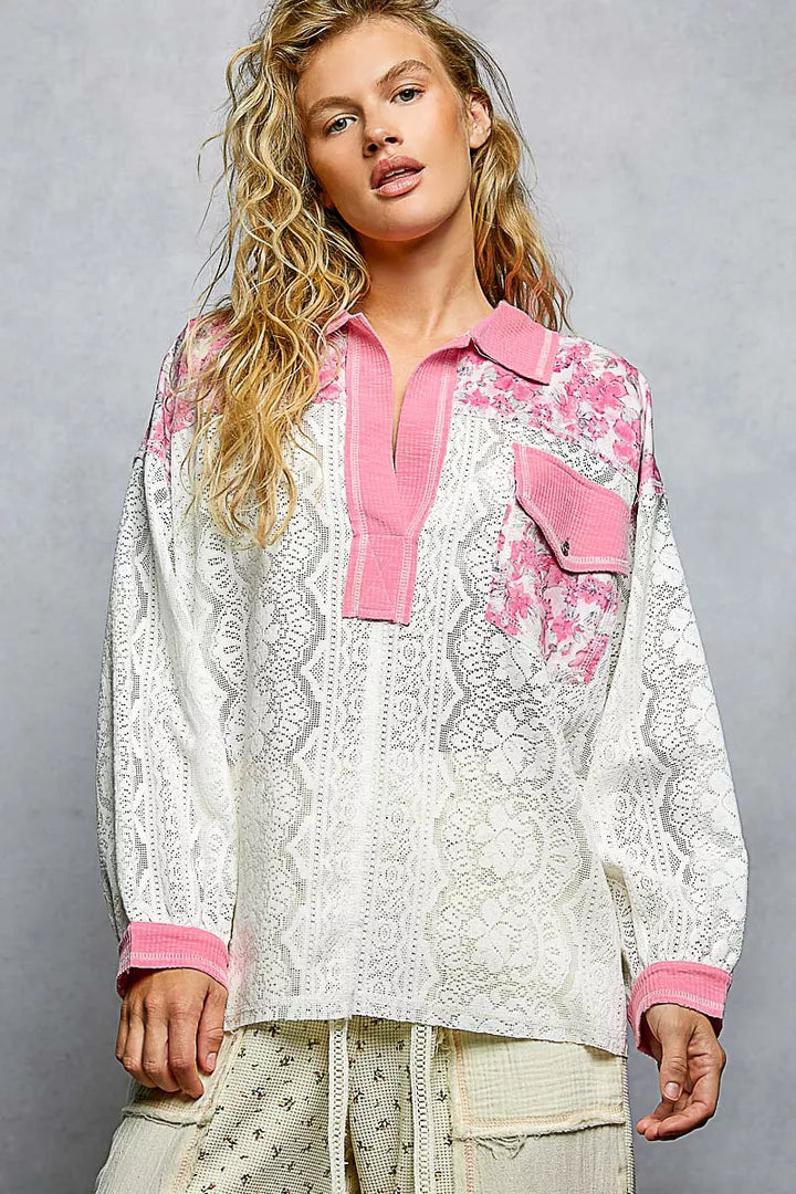 Candy Pink Pol Floral Print Long Sleeve Lace Shirt With Front Pocket