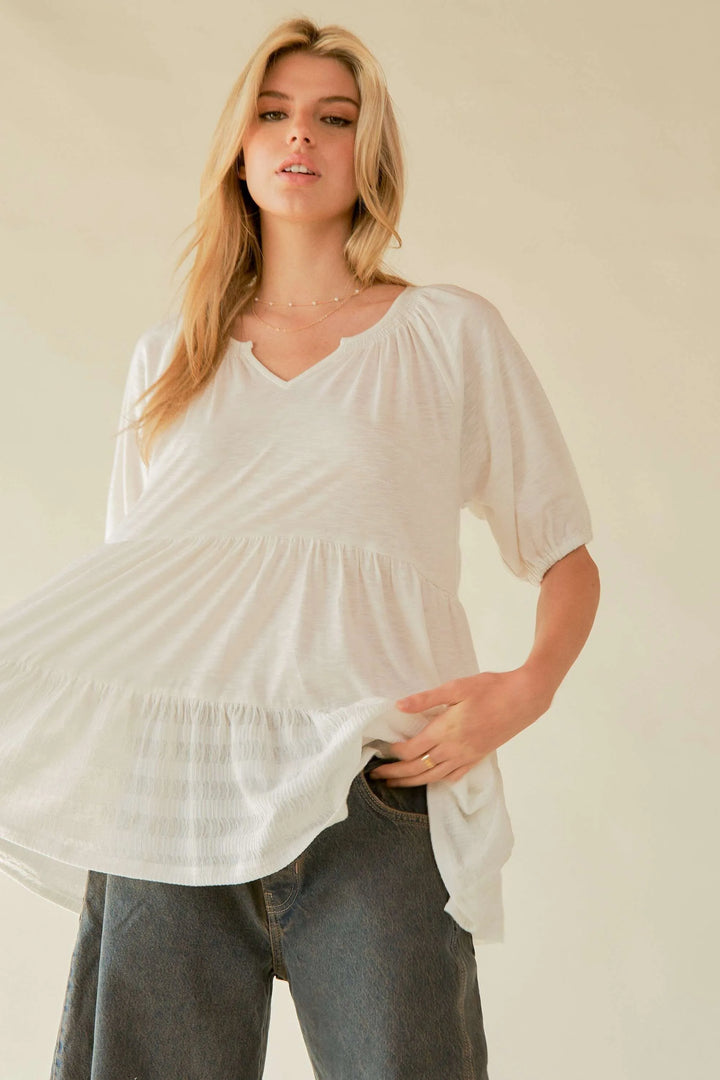 White Davi Dani Ruffled Flared Short Sleeve V Neck Blouse