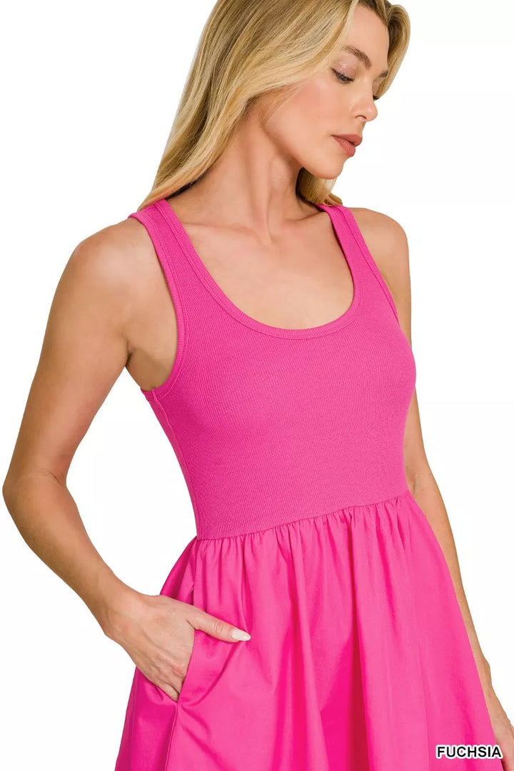 Fuchsia Zenana Combined Knit Woven Midi Dress 2