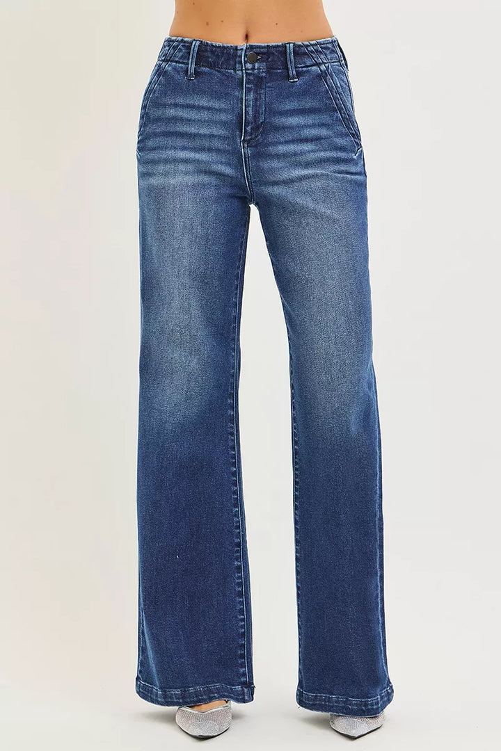 Dark Risen High Rise Wide Leg Slanted Pocket Jeans