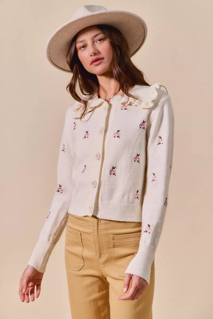 So Me Collared Floral Embroidered Button Down Sweater Cardigan