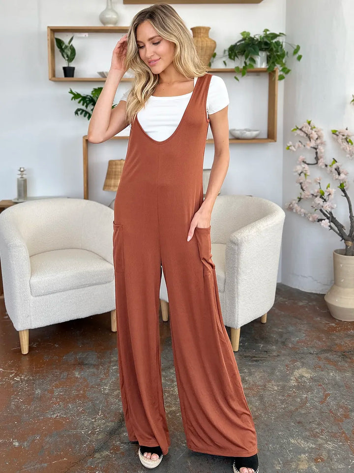 Brown Double Take Full Size Sleeveless Wide Leg Jumpsuit With Pockets