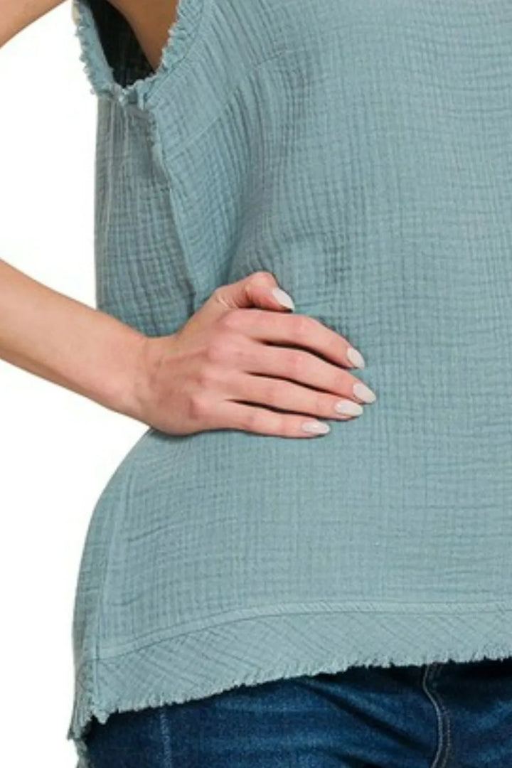 Blue Grey Zenana Double Gauze Raw Edge V Neck Tank 1