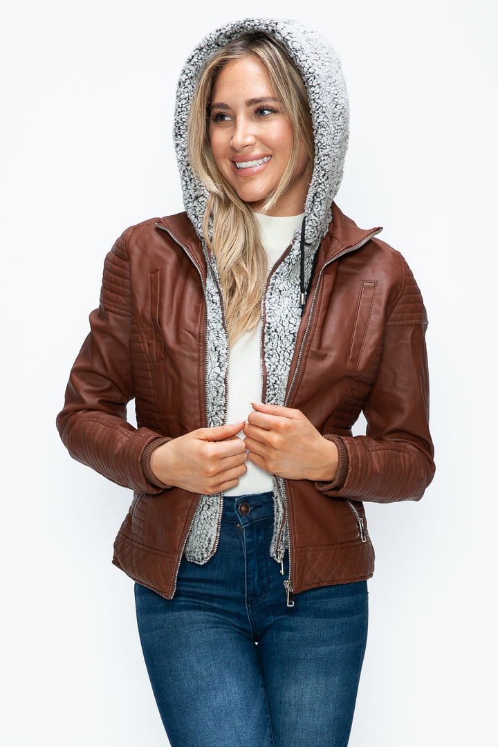 Ymi Faux Layered Double Zipper Jacket With Fuzzy Hood 5