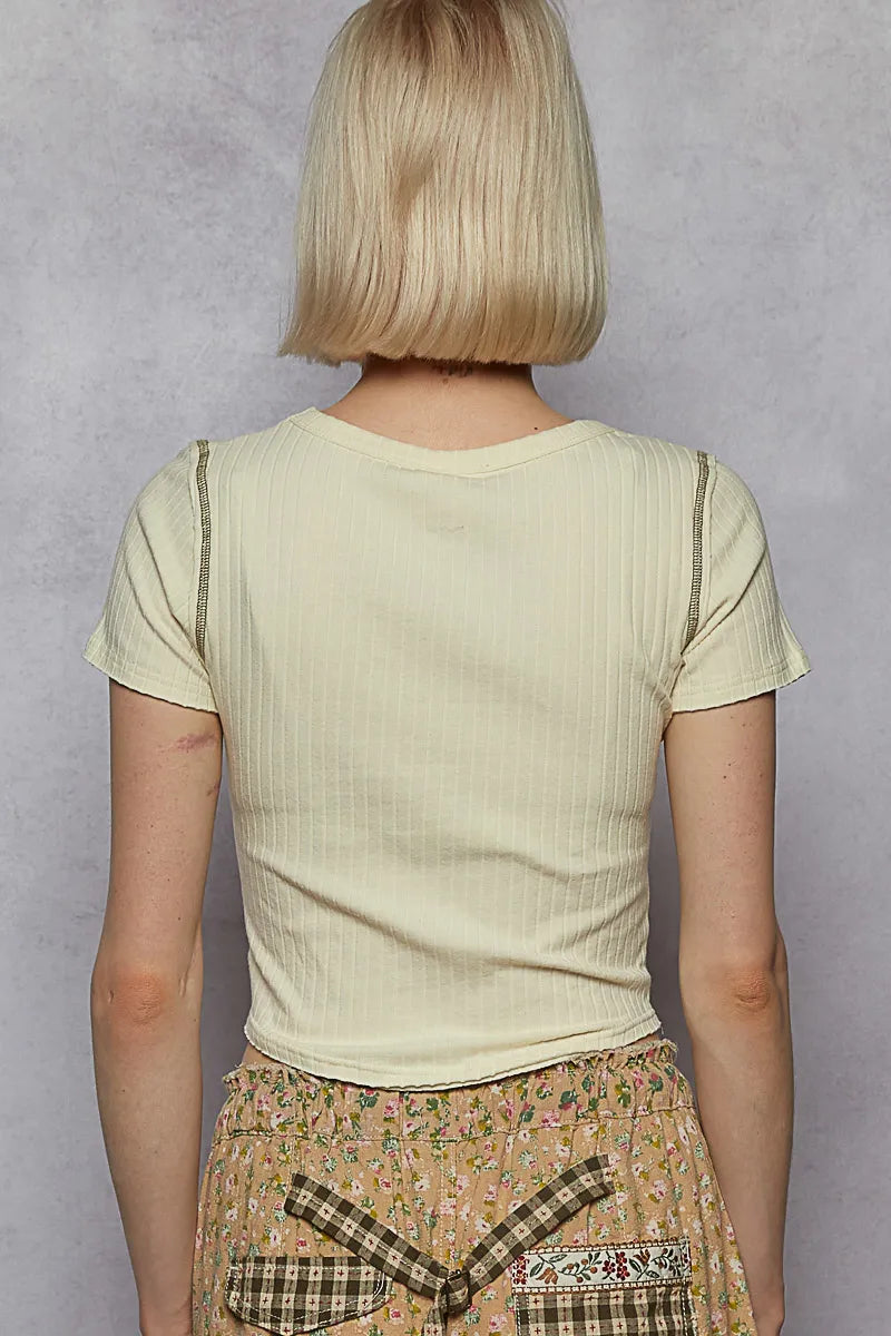 Sage Pol Contrast Stitching Round Neck Crop T Shirt 1
