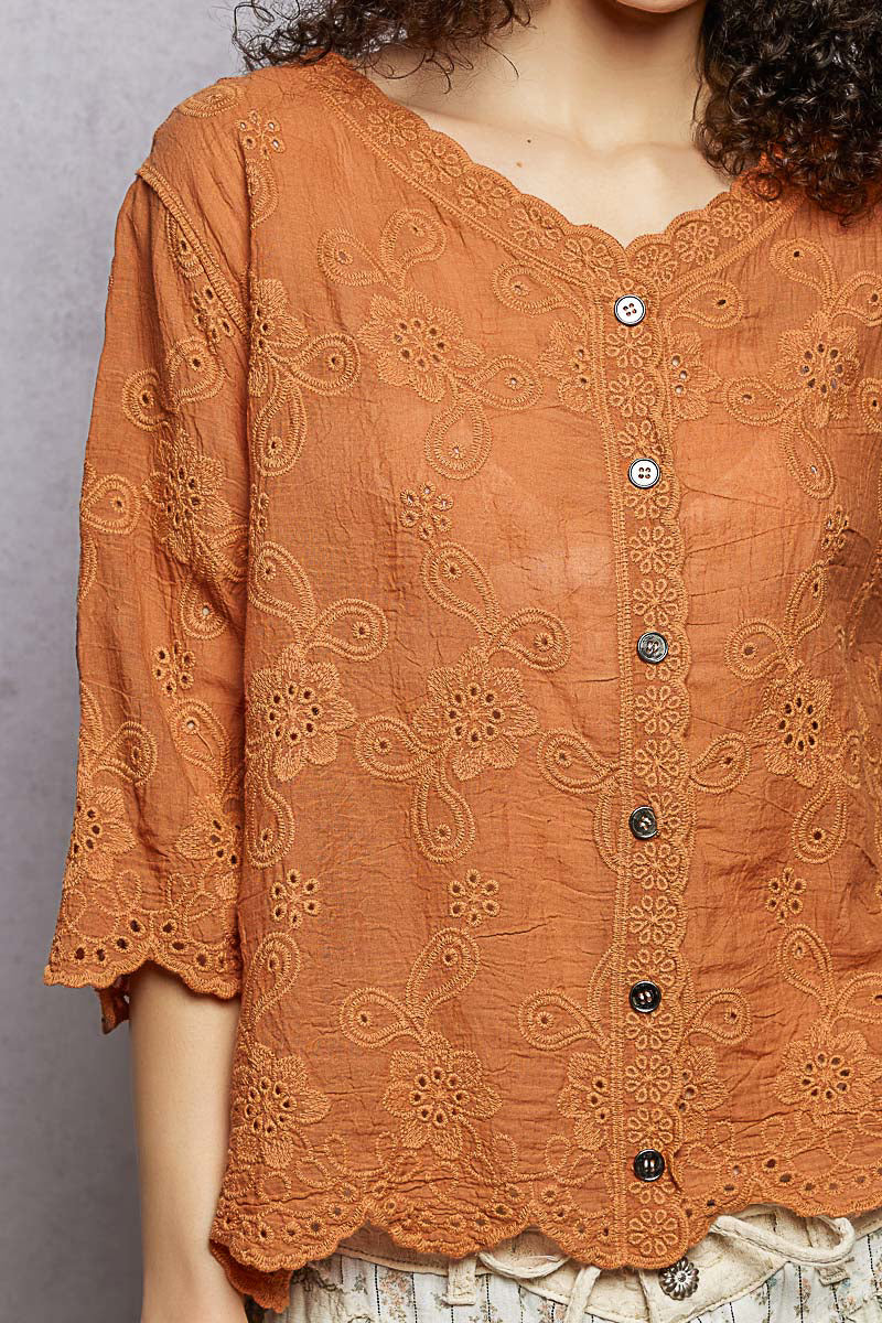 Pol Floral Eyelet V Neck Salloped Shirt 1