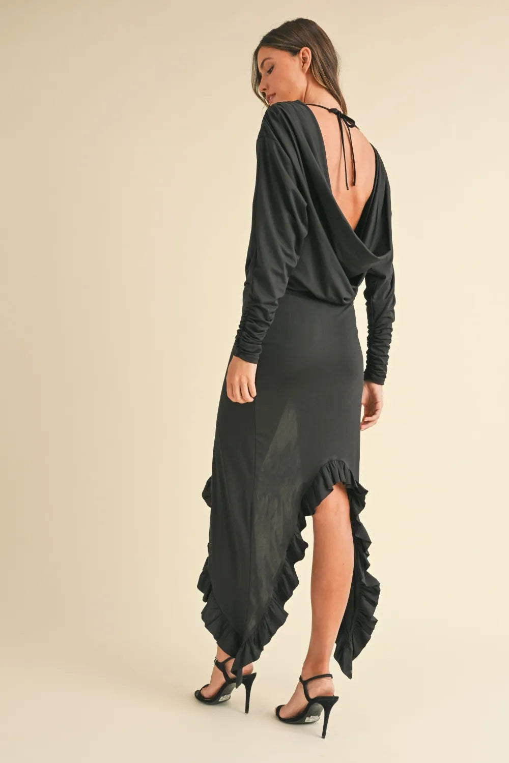 Black Mable Backless Asymmetric Ruffle Hem Dress