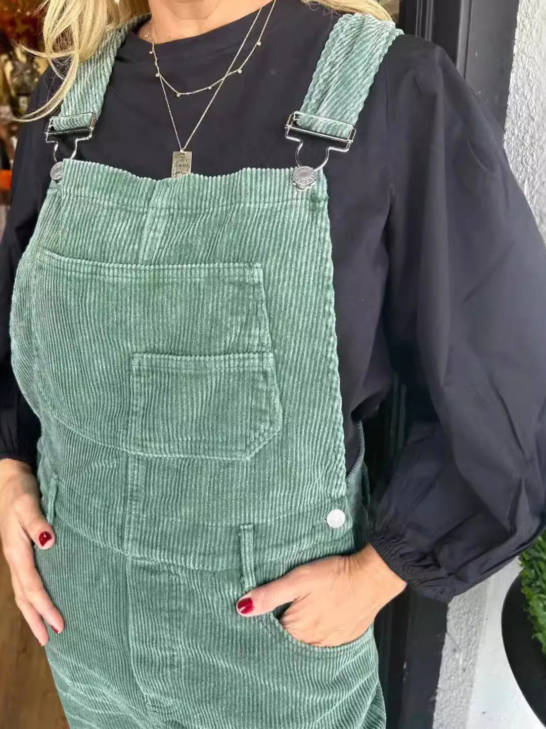 Green Distressed Wide Leg Corduroy Overalls