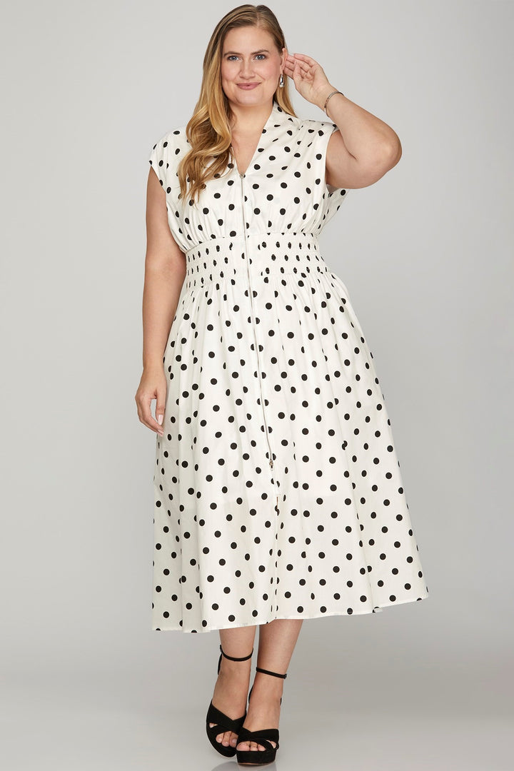 Off White She Sky Front Zip Polka Dots Cap Sleeve Midi Dress