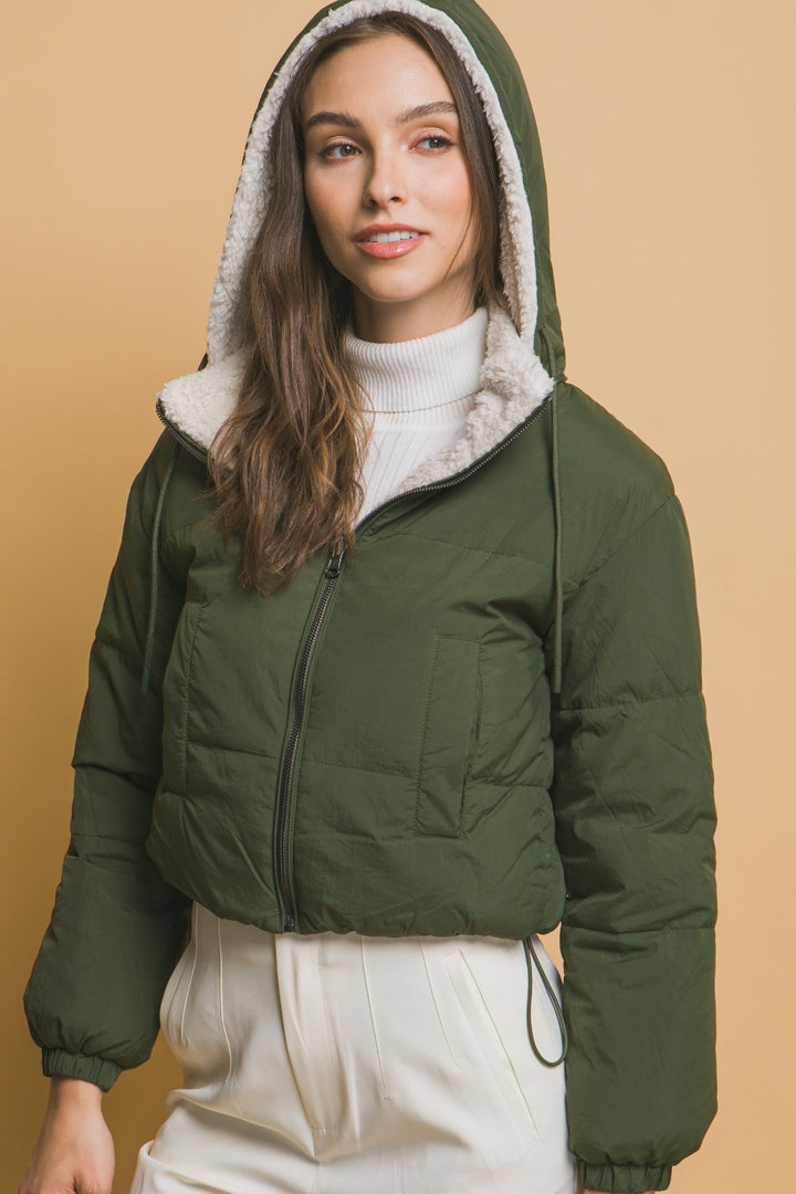 Love Tree Zip Up Cropped Hooded Sherpa Reversible Jacket 1