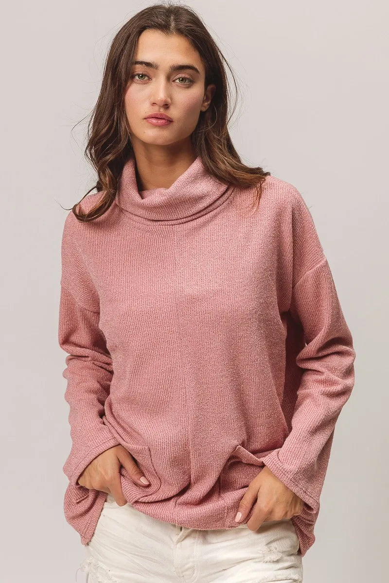 Mauve Bibi Piper Rib Double Pocket Turtle Neck Sweater