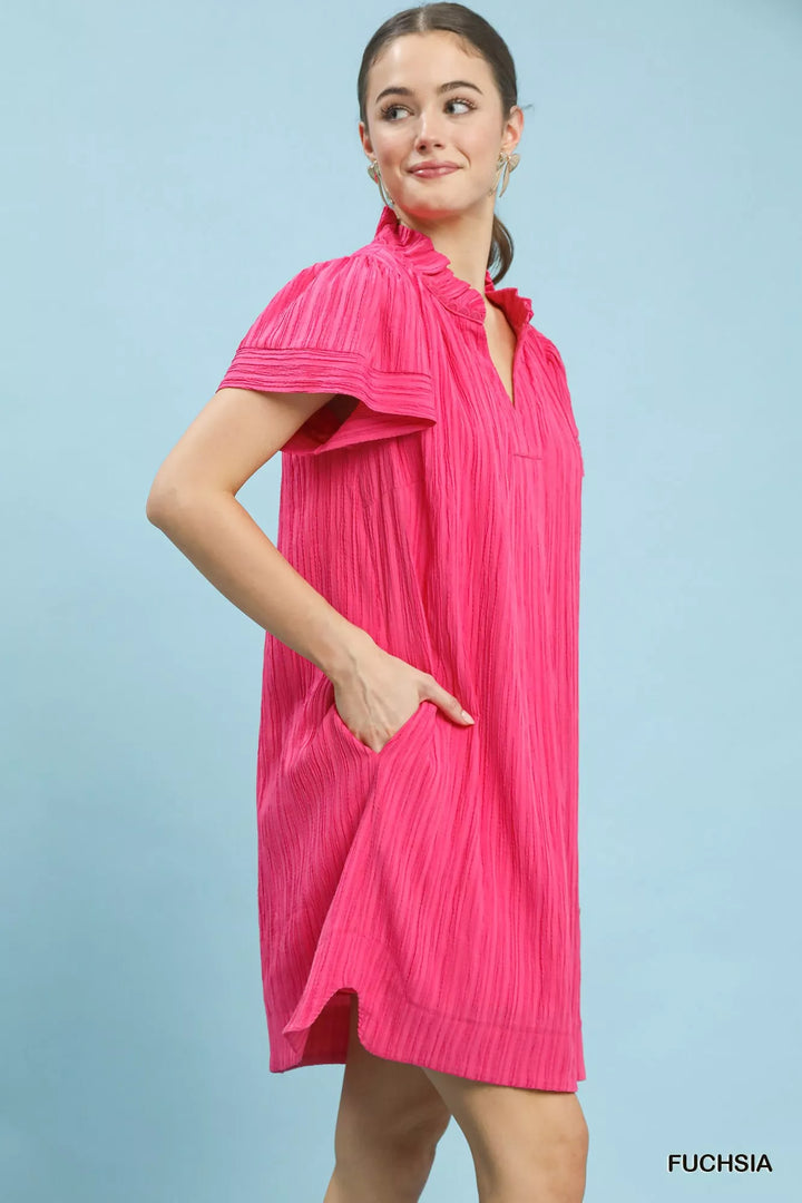 Fuchsia Umgee Flutter Sleeve V Neck Shift Dress 1