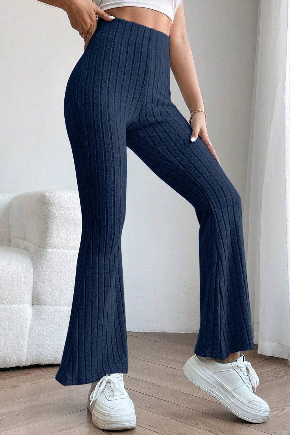 Deep Teal Basic Bae Full Size Ribbed High Waist Flare Pants