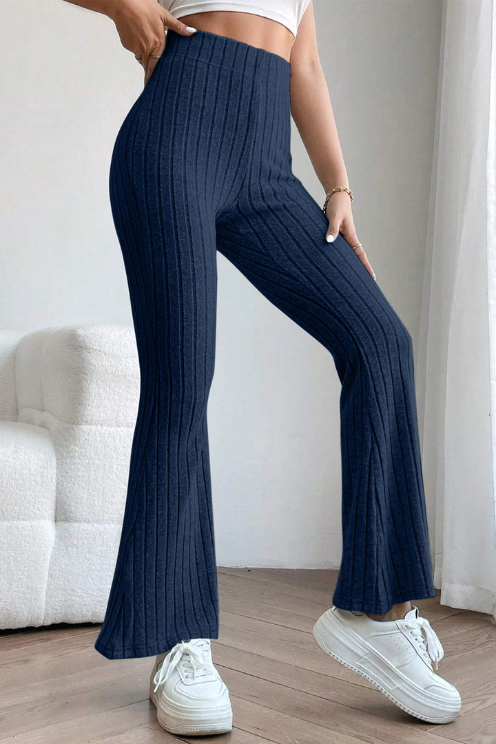 Deep Teal Basic Bae Full Size Ribbed High Waist Flare Pants