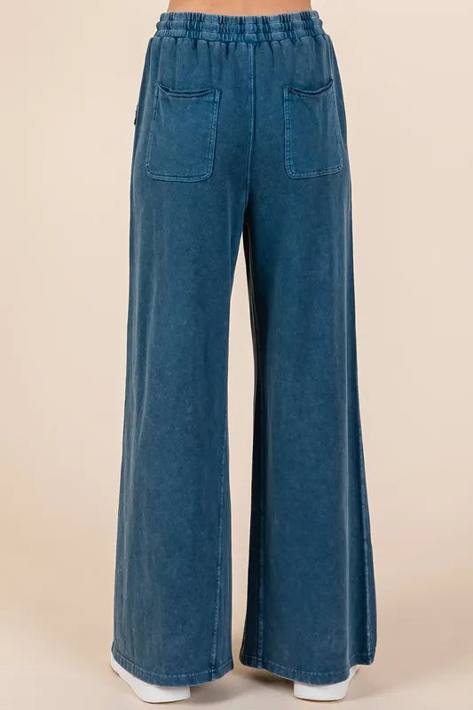Dark Blue Mittoshop Mineral Wash French Terry Drawstring Wide Leg Pants