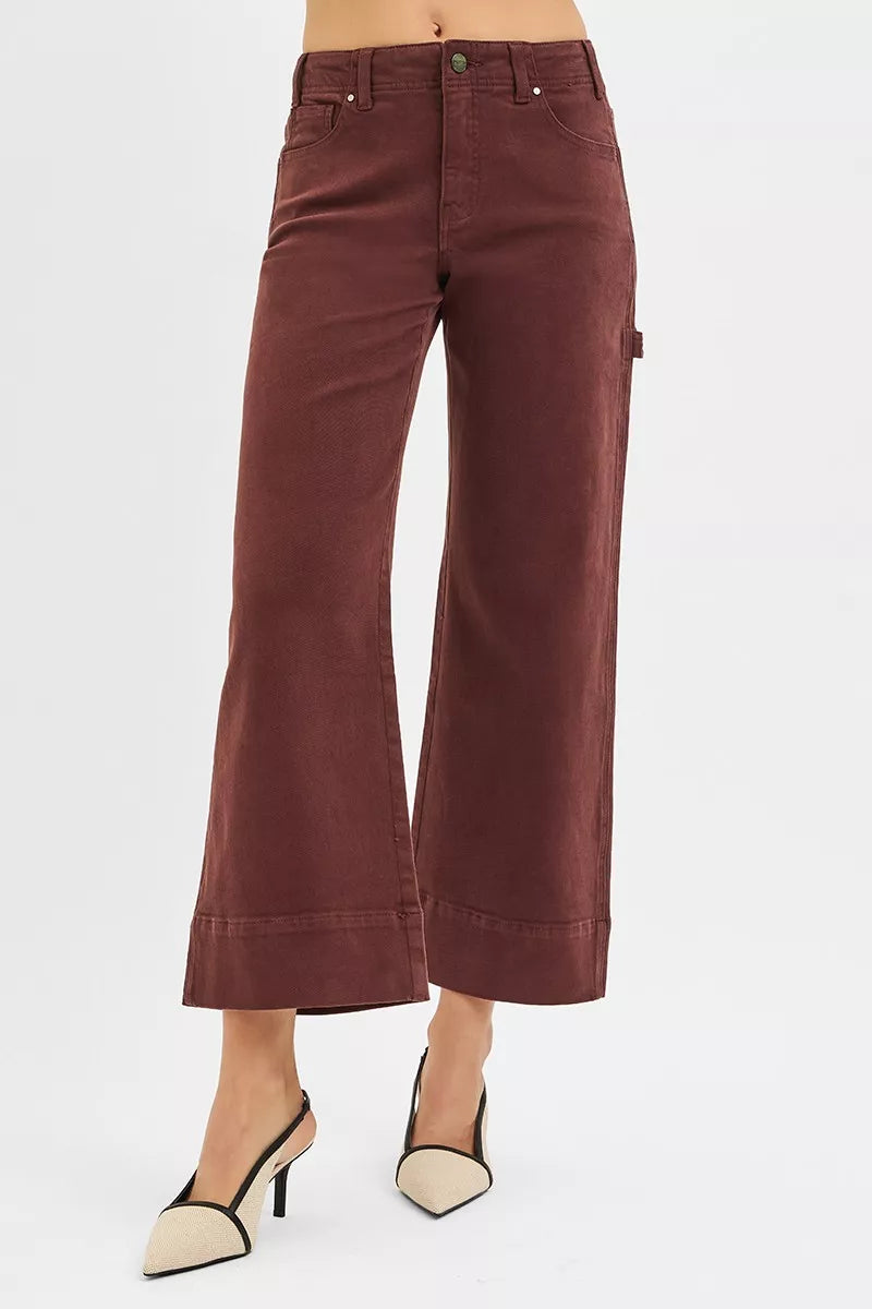 Choco Brown Risen Tummy Control High Rise Crop Wide No Waist Band Pants