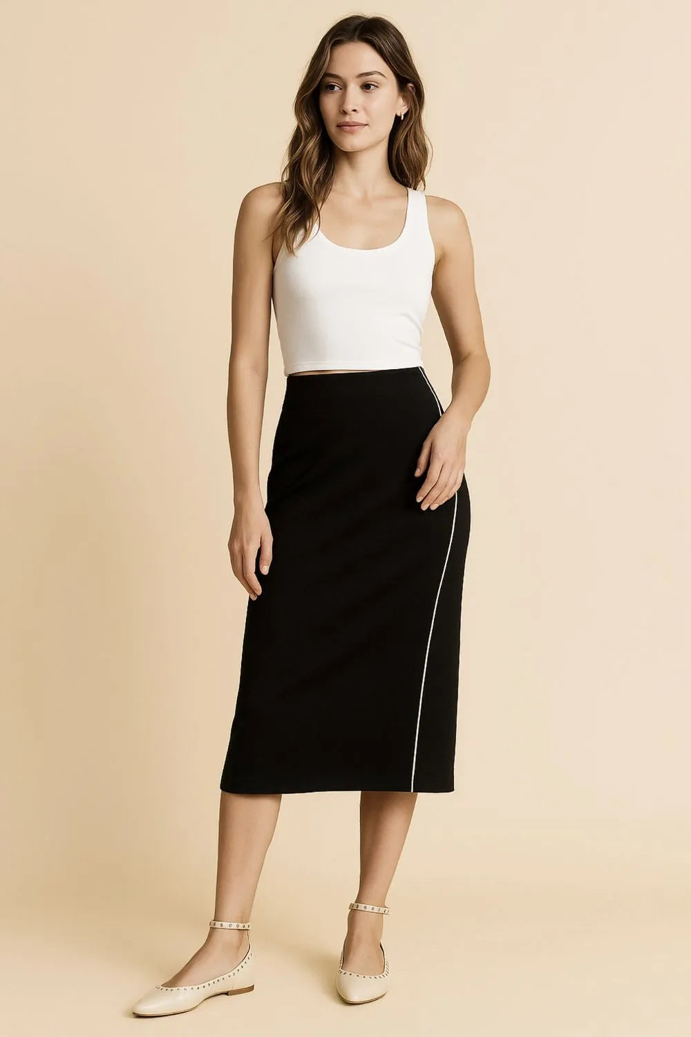 Black Umgee Midi Pencil Skirt With Contrast Piping Detail