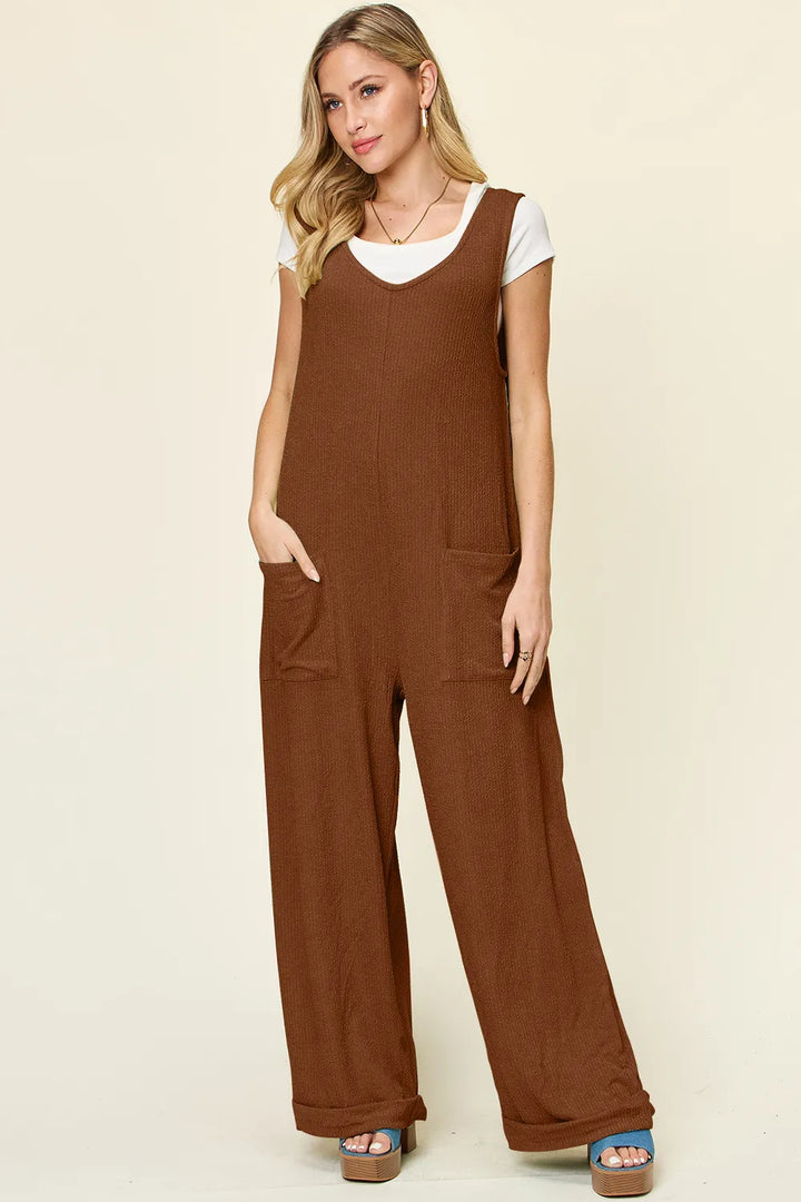 Caramel Double Take Full Size Texture Sleeveless Wide Leg Jumpsuit