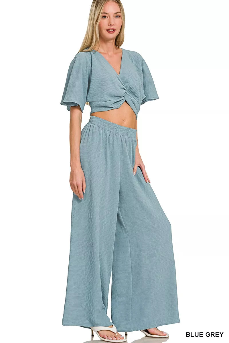 Blue Grey Zenana Woven Airflow Twisted Top Wide Leg Pants Set 3