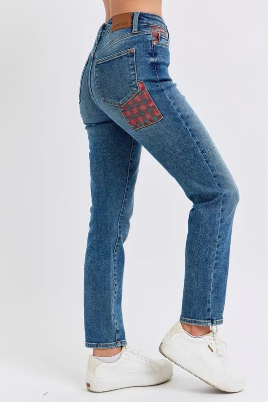 Md Judy Blue Full Size Hw Plaid Patch Slim Fit Jeans Plus Size