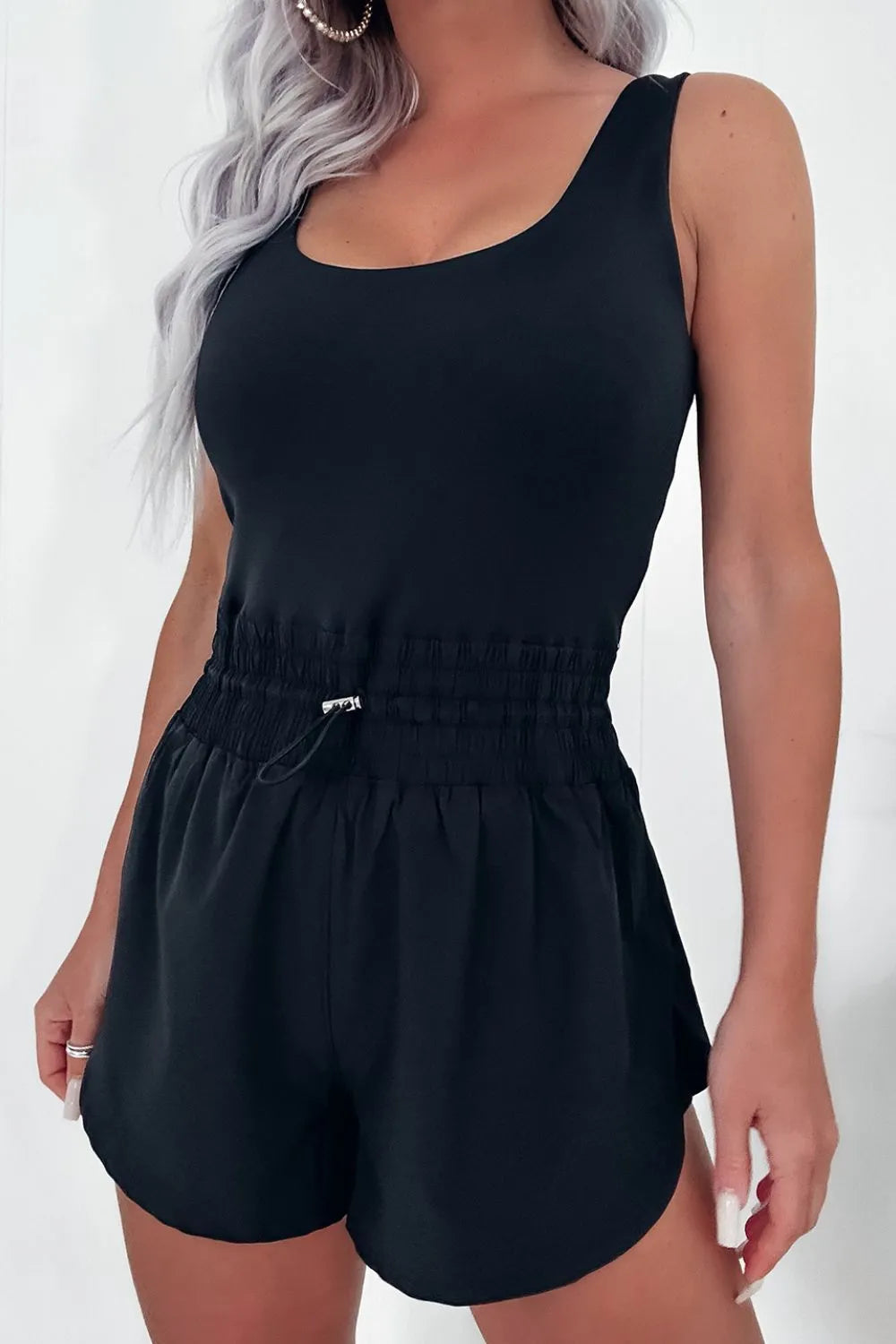Black Drawstring Waist Scoop Neck Romper