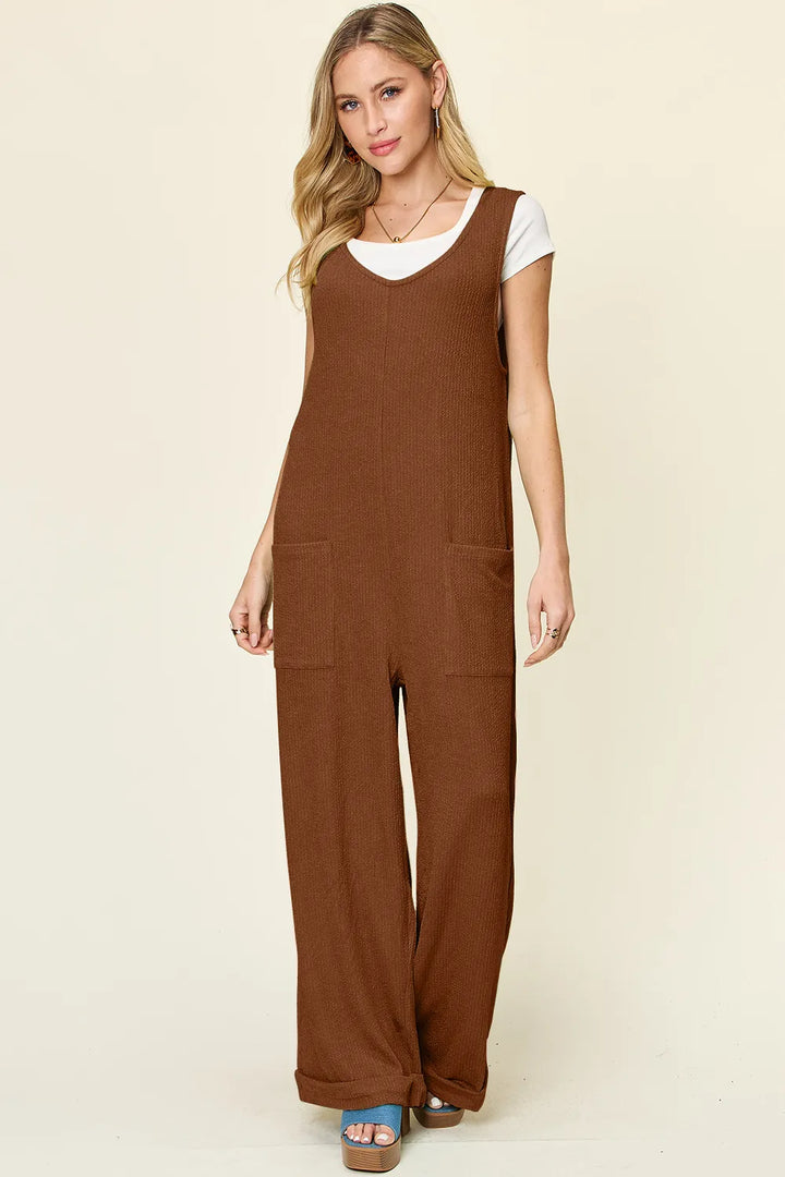 Caramel Double Take Full Size Texture Sleeveless Wide Leg Jumpsuit