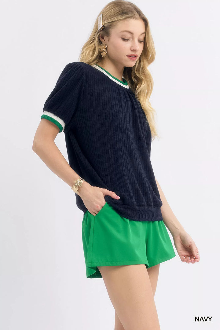 Navy Umgee Puff Sleeve Knit Top With Contrast Rib Trim 1