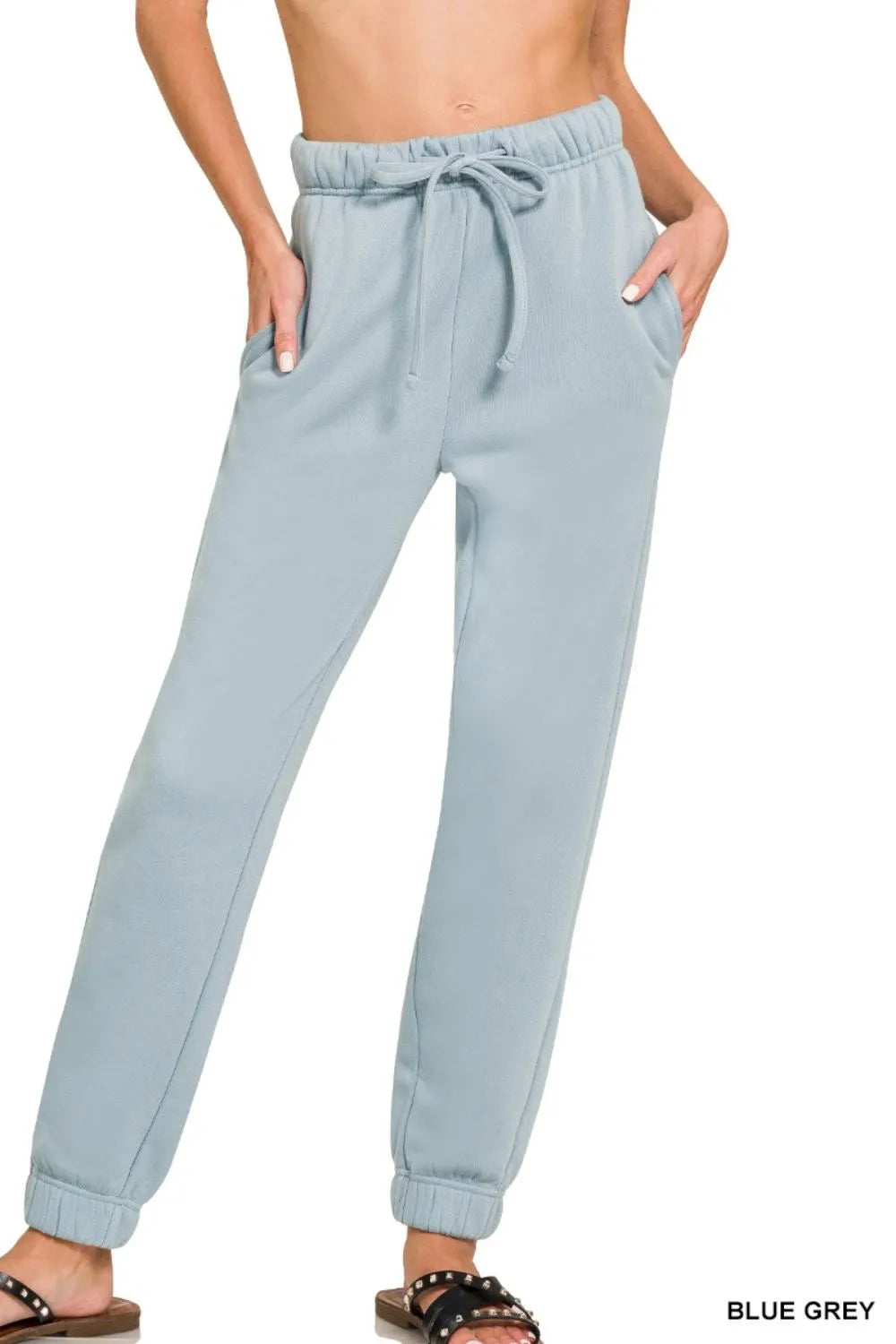 Blue Grey Zenana Fleece Jogger Sweatpants With Pockets