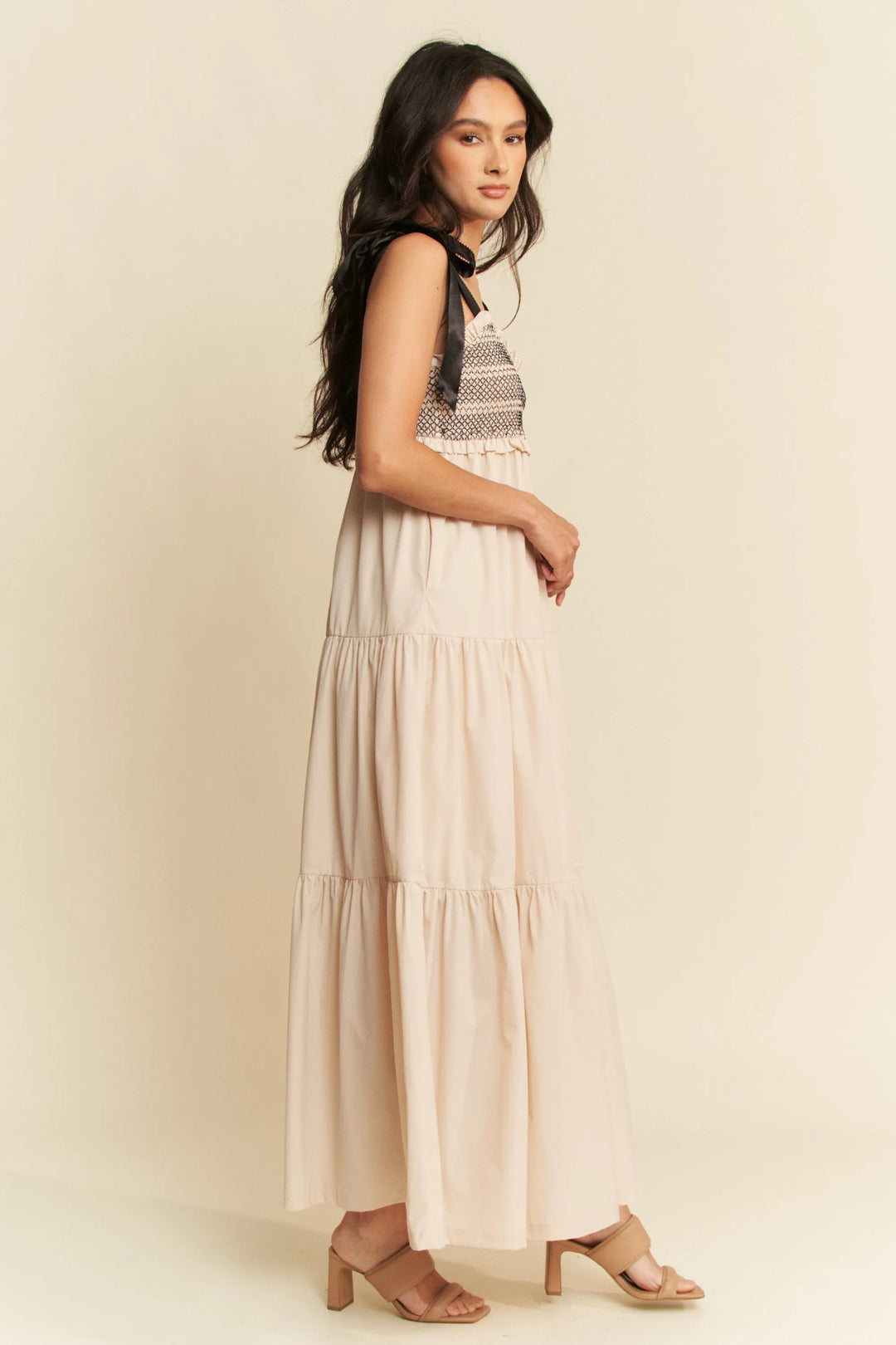 Beige Davi Dani Multi Contrast Smocked Bodice Straps Maxi Dress