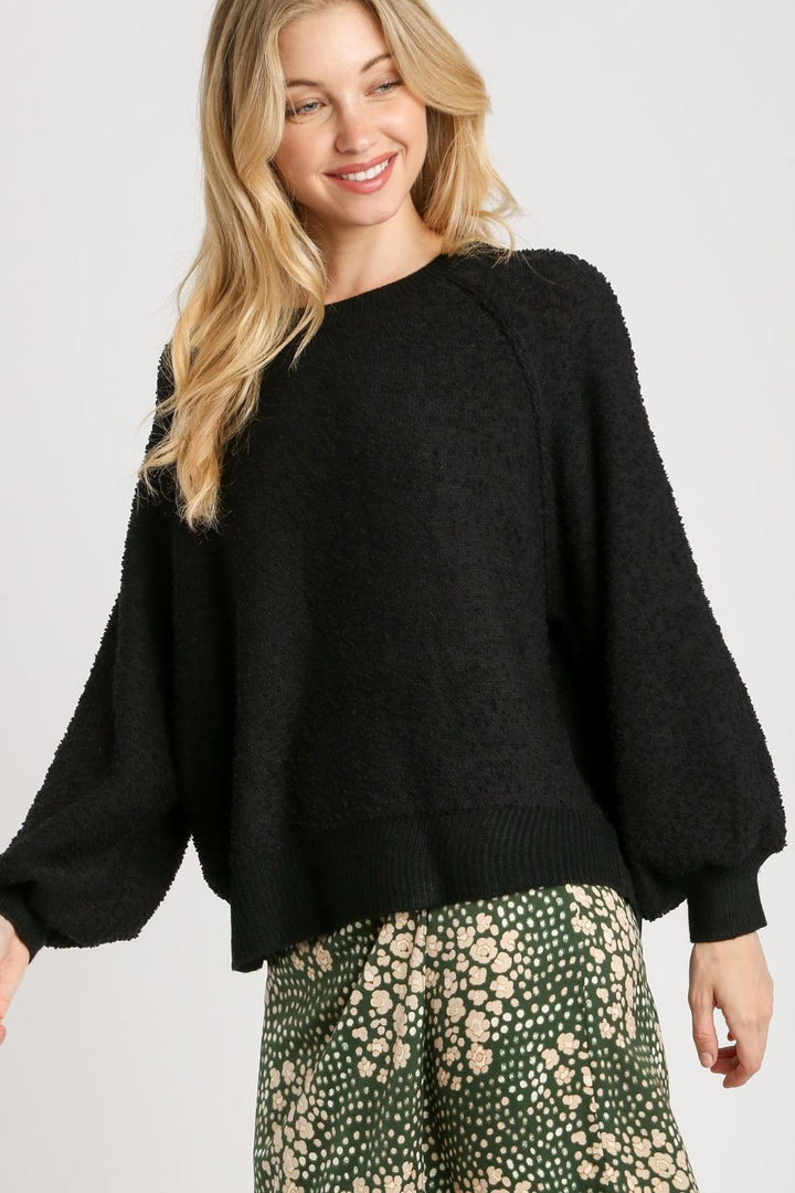 Black Umgee Full Size Round Neck Long Sleeve Sweater Plus Size