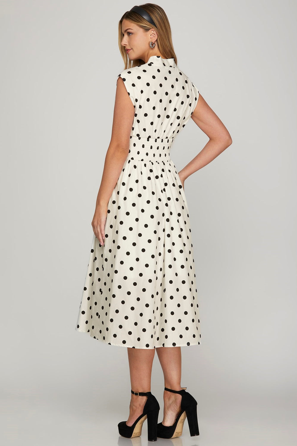 Off White She Sky Front Zip Polka Dots Cap Sleeve Midi Dress