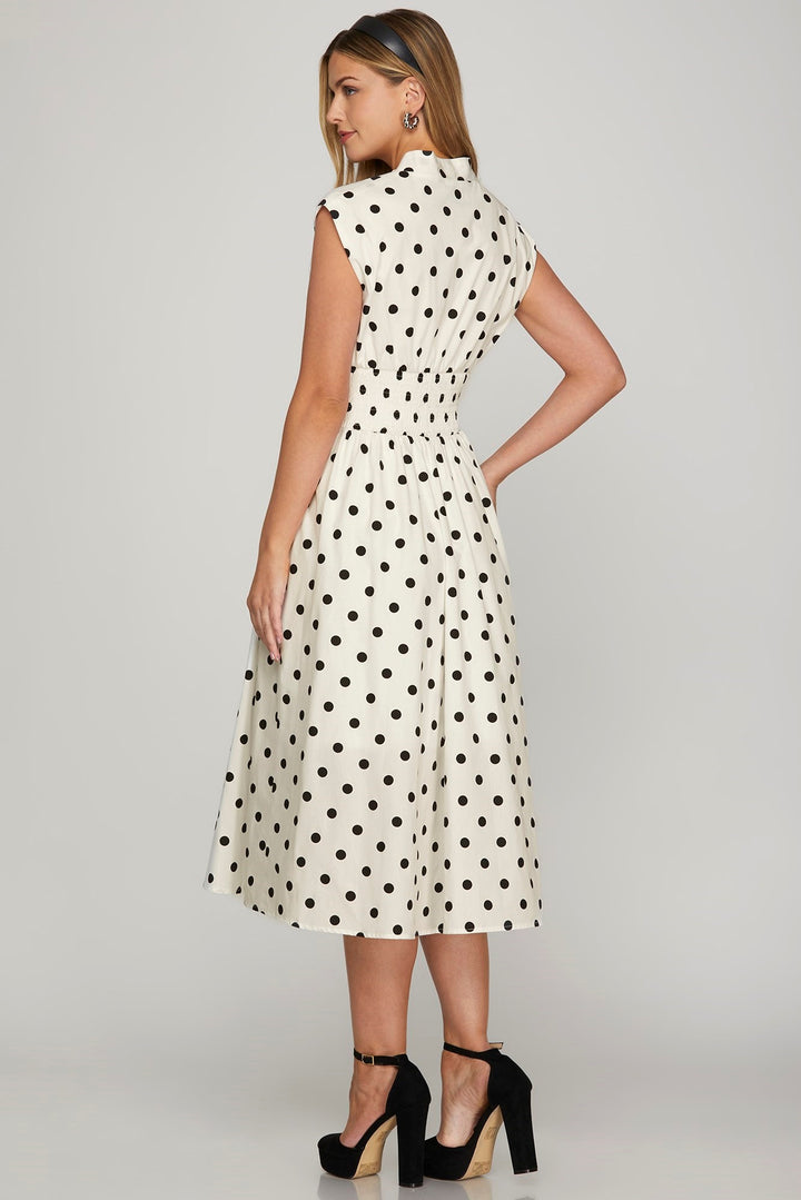 Off White She Sky Front Zip Polka Dots Cap Sleeve Midi Dress