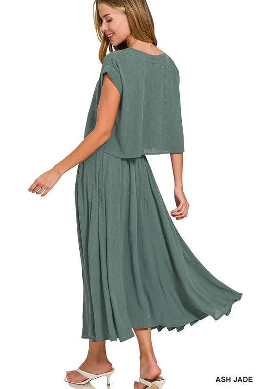 Ash Jade Zenana Woven Crinkle Gauze Crop Tee And Skirt Set
