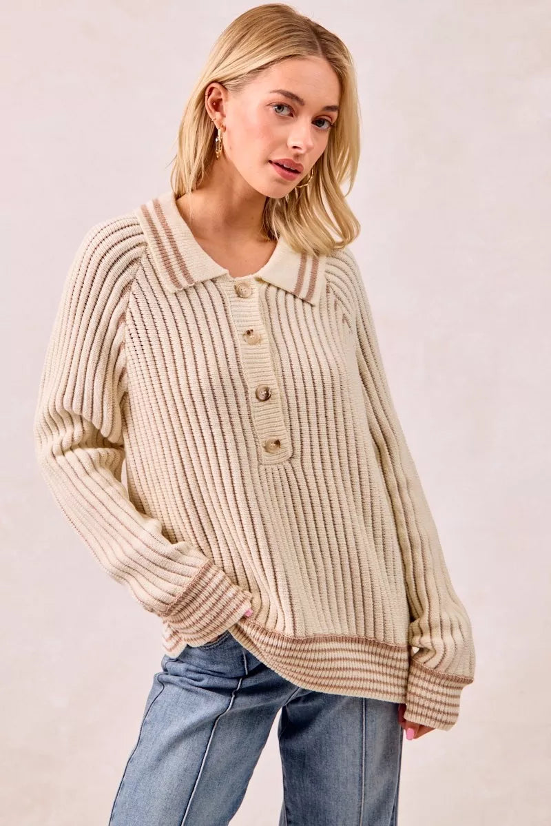 Cream/Latte Bibi Half Button Ribbed Two Tone Sweater