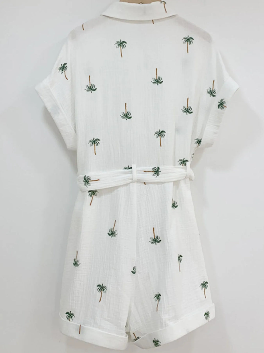 Palm Tree Print Short Sleeve Button Up Romper With Belt