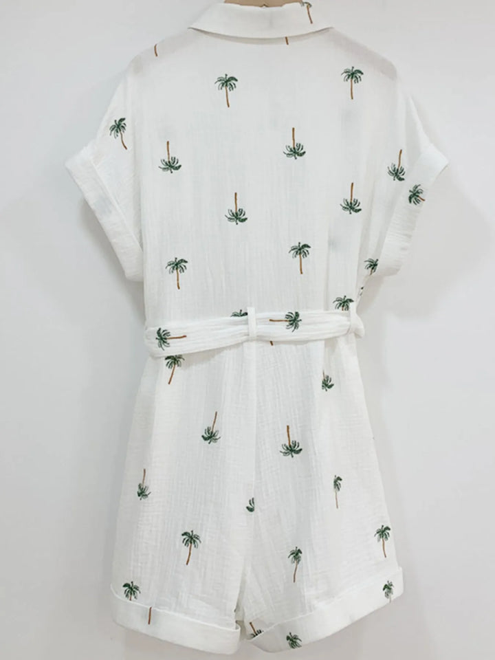 Palm Tree Print Short Sleeve Button Up Romper With Belt