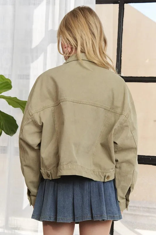 Beige Adora Canvas Button Up Front Denim Jacket