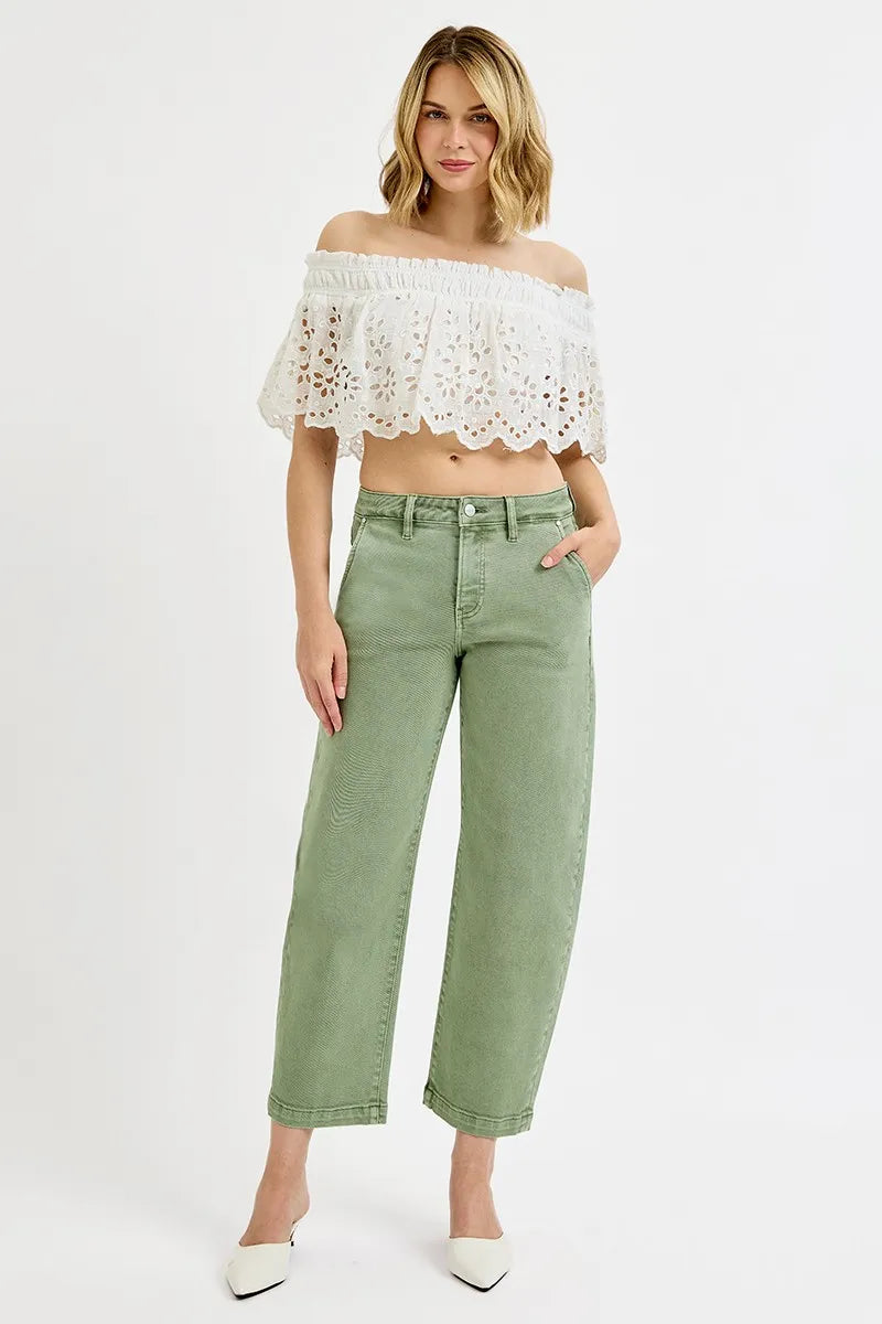 Olive Risen Full Size Tummy Control High Rise Crop Barrel Jeans Plus Size