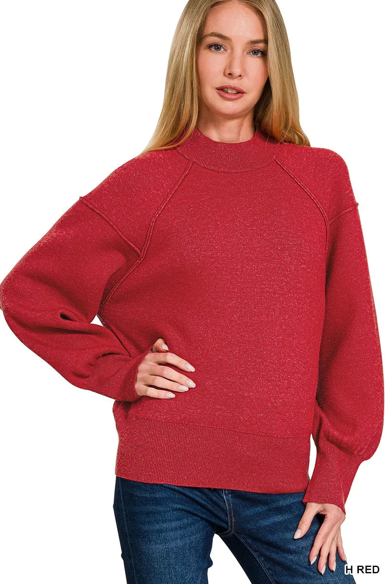 H Red Zenana Viscose Mock Neck Exposed Seam Sweater 4