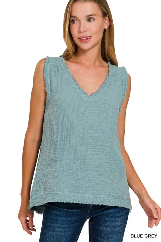 Blue Grey Zenana Double Gauze Raw Edge V Neck Tank 1