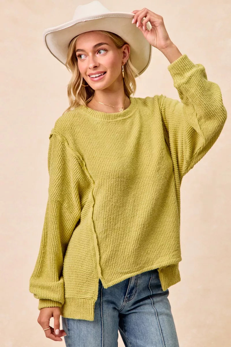 Lime Bibi Boucle Rib Knit Uneven Hem Sweater With Open Seam