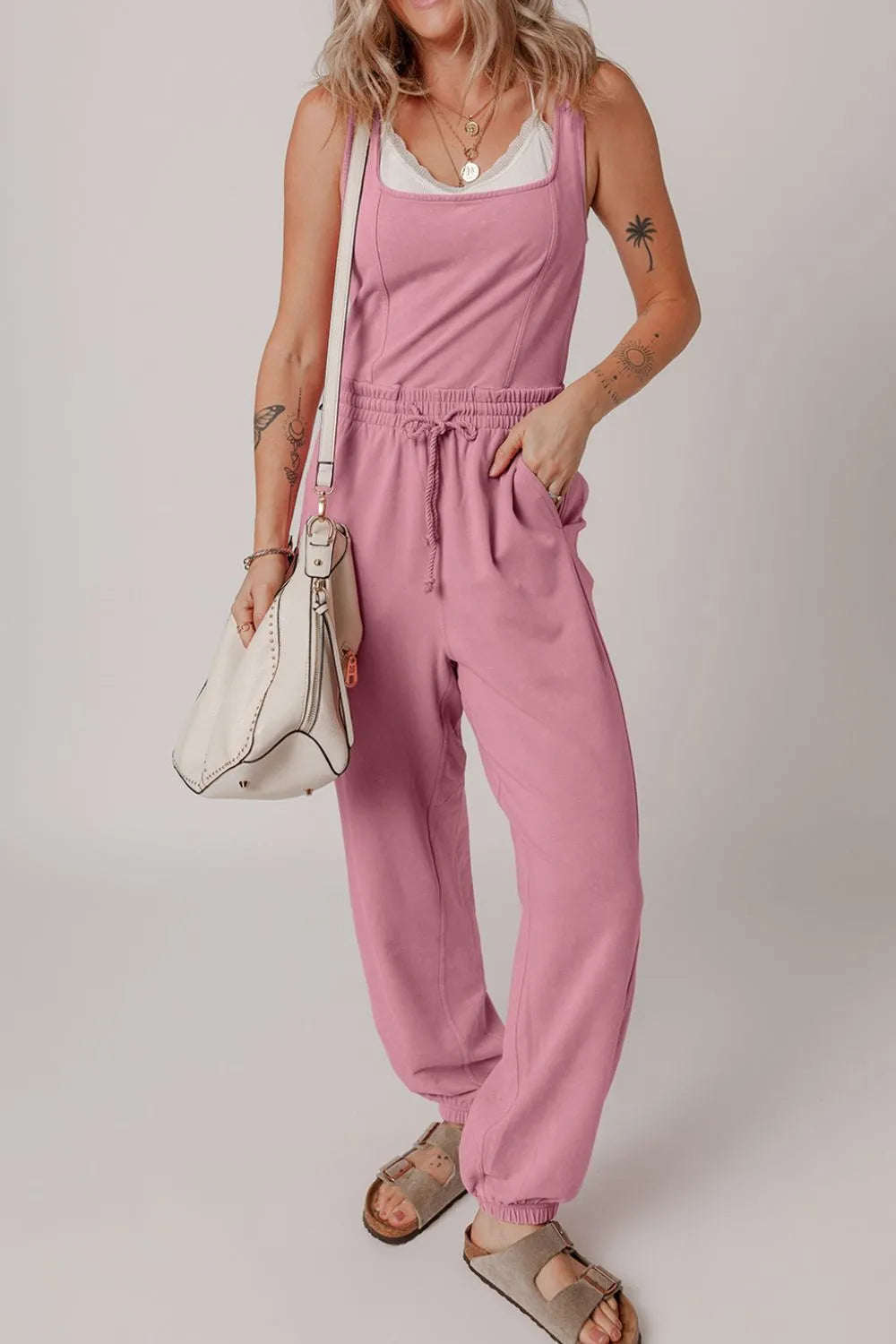 Dusty Pink Elastic Waist Sleeveless Square Neck Jumpsuit