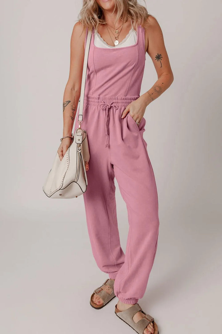 Dusty Pink Elastic Waist Sleeveless Square Neck Jumpsuit